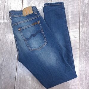 Nudie Jeans Tight Terry Mens 32x32 Mid Used Saver Blue Slim Fit Orange Stitching